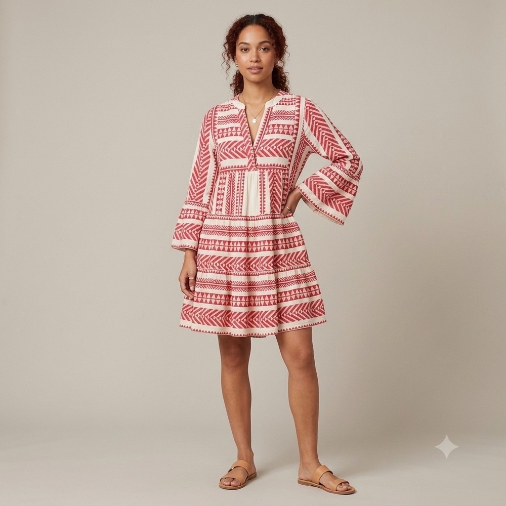 Devotion Twins Ella Red White Embroidered Jacquard Tiered Mini Dress XS